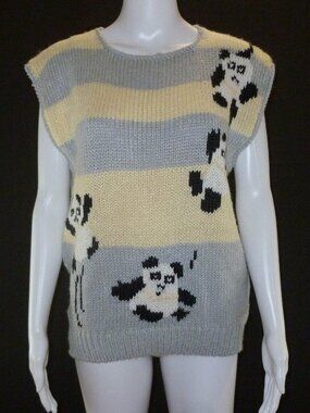 VTG 80s Hand Knit Cherry Stix Sweater Women’s M Streetwear Panda Bears Striped